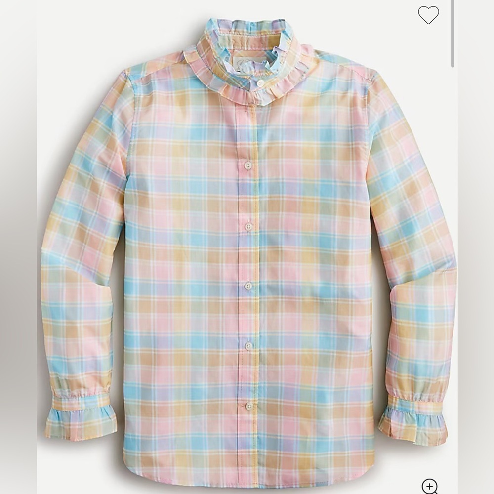 J. Crew Classic Fit Cotton‎ Silk Voile Ruffleneck Pastel Plaid Shirt Women Sz 00
